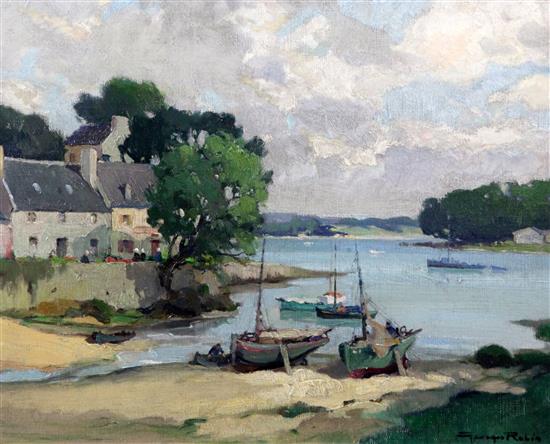 § Georges Charles Robin (French, 1903-2003) Estuary scene with fishing village, 13 x 16in.